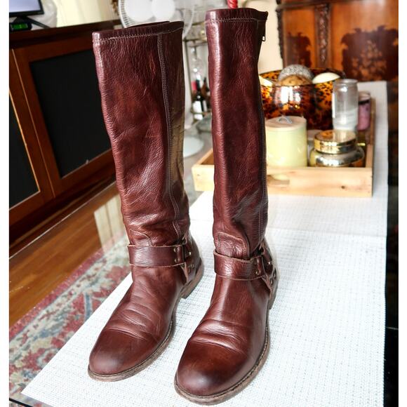 Frye Women's Phillip Harness Tall Brown Leather Boots Size 8.5 - Picture 2 of 8
